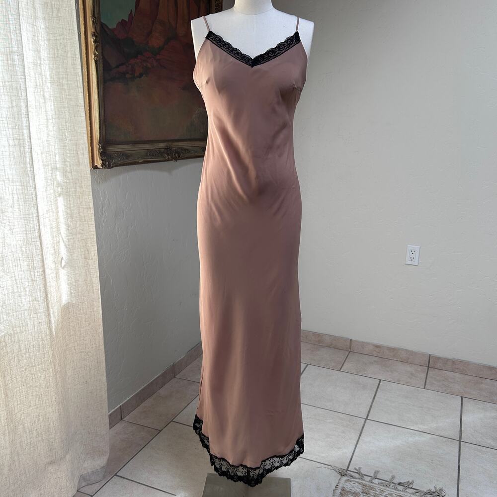 Vintage 90s Brown Satin Lace Trim Slip Dress Bias Cut Maxi M